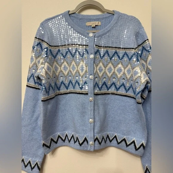 NWT Loft Blue Patterned and Sequined Women's Cardigan Sweater - Picture 8 of 10